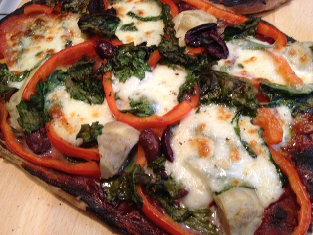 Grilled Kale, Olive and Artichoke Pizza